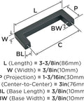 Sleek Contemporary Cabinet Pull In Matte Black Finish For Modern Kitchen Drawers and Furniture Hardware with precise dimensions.