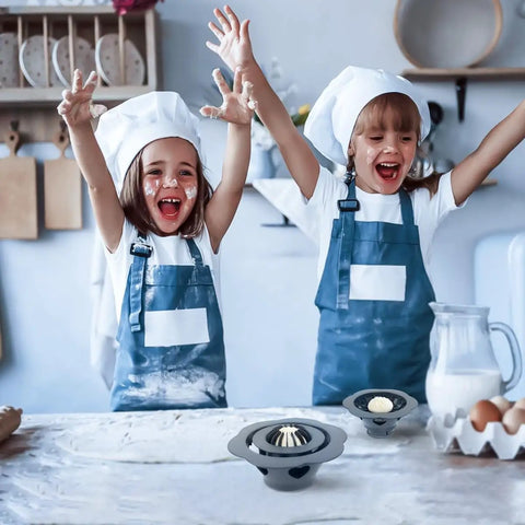 Children using Flower Shaped Dumpling Mold Maker For Easy Homemade Bao Buns And Momo, 6.57 Inch Plastic Kitchen Gadget on table.