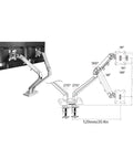 Rock Solid Dual Monitor Arms For 17 To 32 Inch Screens With Mechanical Spring Tension and smooth glide aluminum design, detailed diagram.
