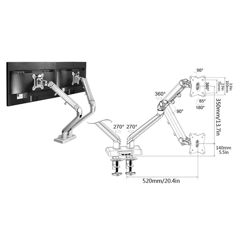 Rock Solid Dual Monitor Arms For 17 To 32 Inch Screens With Mechanical Spring Tension and smooth glide aluminum design, detailed diagram.