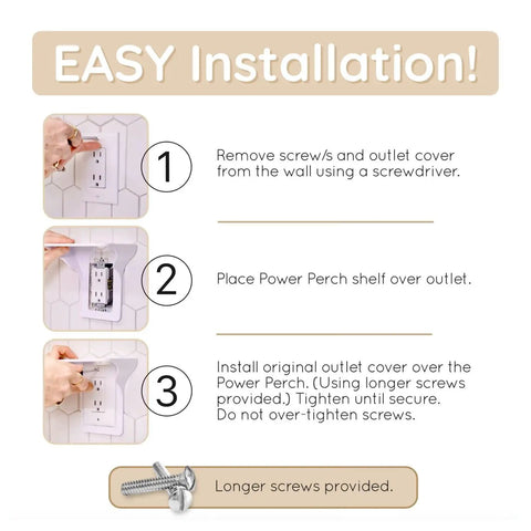 Installation steps for Double Wall Outlet Shelf With Cord Storage Strap To Declutter And Free Up Counter Space, White 1 Pack