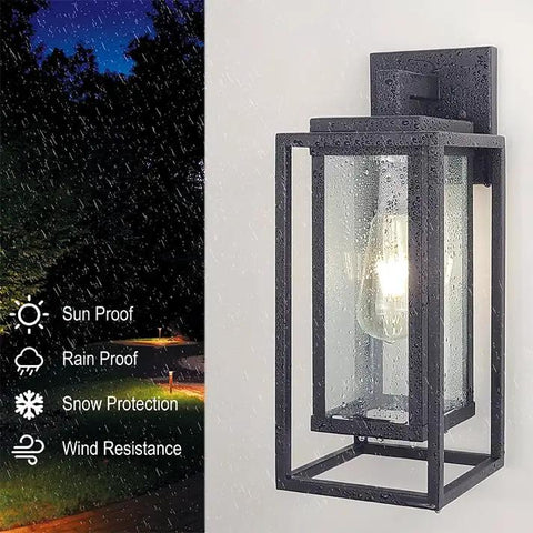 14 Inch Double Cage Outdoor Wall Lights 2 Pack Exterior Porch Lantern Sconces with rain protection and clear glass panel.