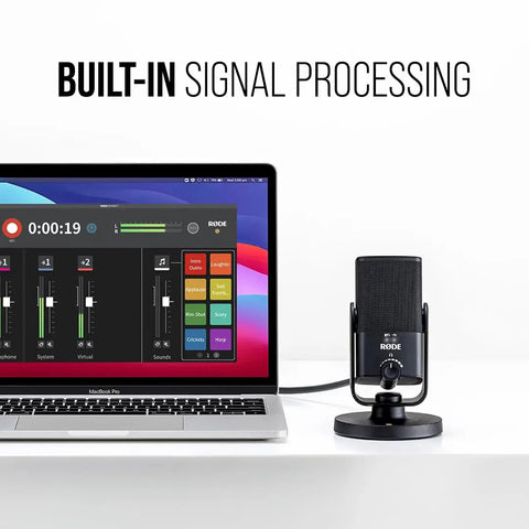 NT-USB Mini Condenser USB Microphone For Podcasting, Streaming, Gaming And Music Production With Warmth And Presence next to laptop