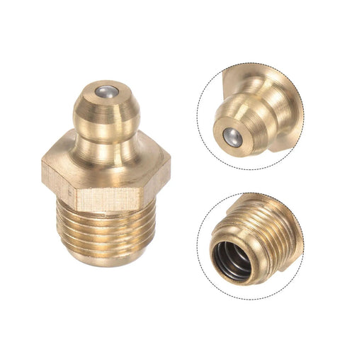 Close-up of Brass Straight Grease Fittings G1 Eight Thread 11mm Width Hydraulic Lubrication Nipples, pack of 10