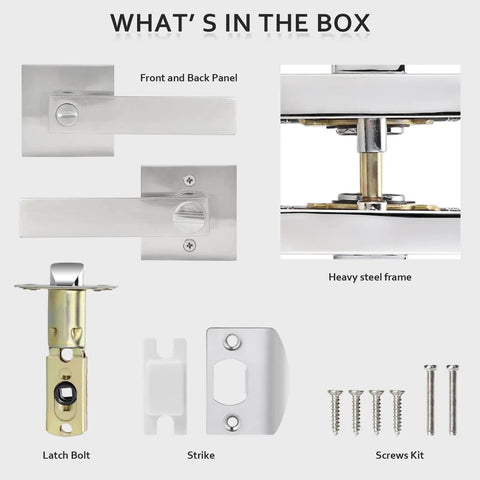 Components of Six Pack Satin Nickel Lever Door Handles Set for Privacy Lock Heavy Duty Interior Hardware Kit displayed.