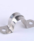 Stainless steel pipe strap hanger for 1-1/2" pipe with two mounting holes, front view