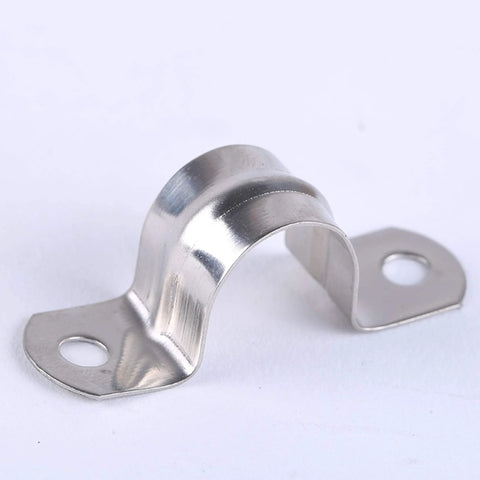 Stainless steel pipe strap hanger for 1-1/2" pipe with two mounting holes, front view