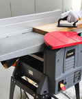 10 Inch Benchtop Planer Jointer Combo With Heavy Duty Stand 13 Amp Thickness Planer in use for smoothing wood surface.