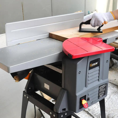 10 Inch Benchtop Planer Jointer Combo With Heavy Duty Stand 13 Amp Thickness Planer in use for smoothing wood surface.