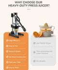 Heavy Duty Cast Iron Manual Citrus Juicer Press with large strainer basin and ergonomic handle for effortless juice extraction.