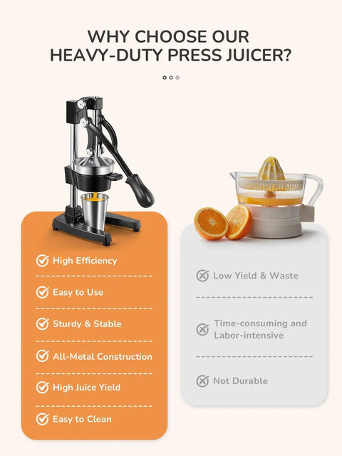 Heavy Duty Cast Iron Manual Citrus Juicer Press with large strainer basin and ergonomic handle for effortless juice extraction.