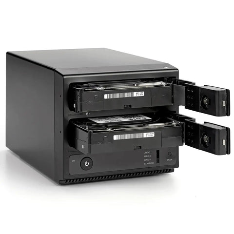 Slick Heavy Duty Dual Bay Hard Drive Enclosure For 3.5 Inch SATA Drives With USB C Thunderbolt Support, showing open drive bays.
