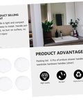 Six Pack White Alloy Cabinet Handles Single Hole Round Drawer Pulls for cabinets, vanities, easy install, shown with product details