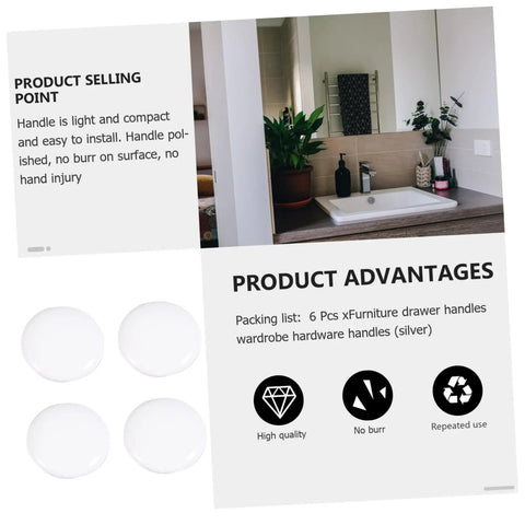 Six Pack White Alloy Cabinet Handles Single Hole Round Drawer Pulls for cabinets, vanities, easy install, shown with product details