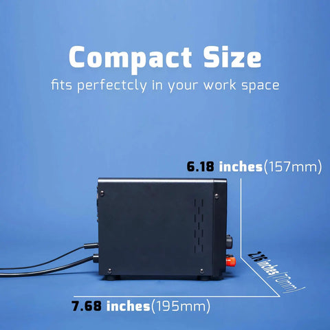 Side view of Beefy 60V 5A Adjustable DC Bench Power Supply highlighting compact size with dimensions and black casing.