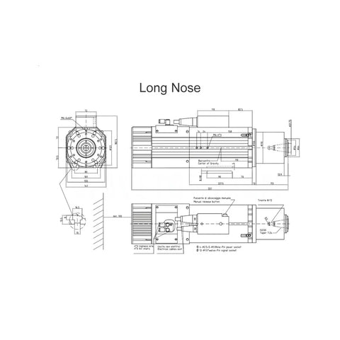 Technical drawing of Super Hefty 9KW Automatic Spindle With ISO30 Interface detailing size and components.