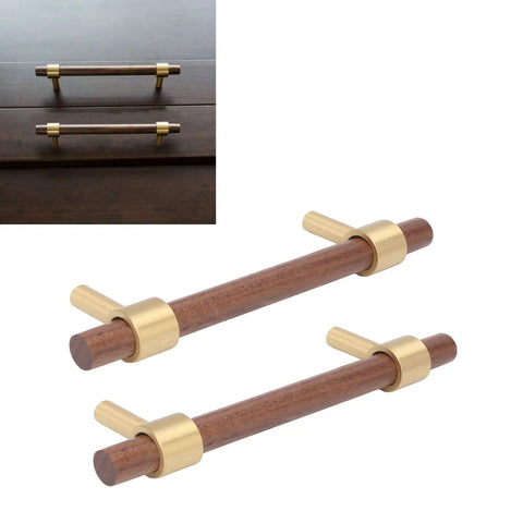 Dope Walnut And Brass Cabinet Hardware Drawer Handles 2 Sets Durable Solid Brass Pulls With Walnut Wood Accents displayed on brown cabinet