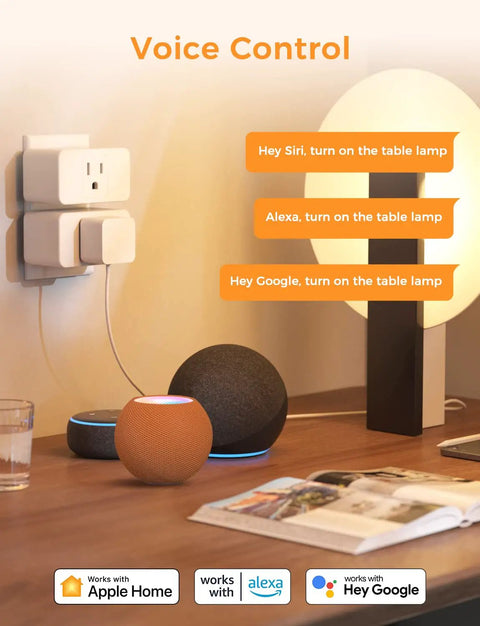 Smart WiFi Plug Outlet 15A Two Pack Works With Apple HomeKit Siri Alexa Google Assistant next to smart speakers and lamp