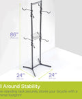 Four Bike Freestanding Gravity Rack With Basket For Garage Or Home Use No Drilling Required Fully Adjustable Vertical Bike Storage System, showing dimensions and stability.