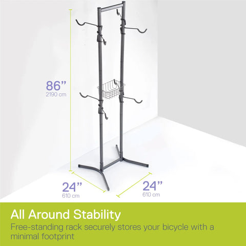 Four Bike Freestanding Gravity Rack With Basket For Garage Or Home Use No Drilling Required Fully Adjustable Vertical Bike Storage System, showing dimensions and stability.