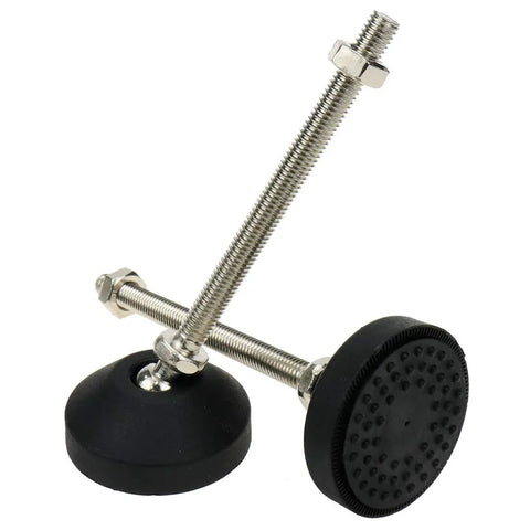 Top Shelf Heavy Duty M8 Swivel Leveling Feet For Furniture And Machinery 880 Lb Load Capacity Per Piece Rock Solid Adjustable Base showcasing durable rubber base and metal threaded stem.
