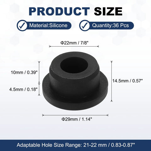 Diagram of 36 Pack T Shape Silicone Plugs 22.3mm Diameter Snap In Hole Seals Round Rubber Stopper with dimensions.