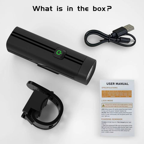 400 Lumen Rechargeable Bike Headlight For Night Riding With IP66 waterproof front light, USB-C cable, handlebar mount, user manual