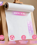 Heavy Duty White Kraft Paper Roll 15 Inch By 450 Inch 80Gsm Industrial Kraft Paper on easel showing dimensions