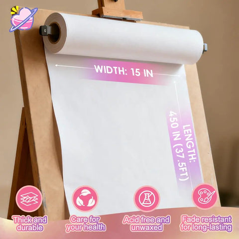 Heavy Duty White Kraft Paper Roll 15 Inch By 450 Inch 80Gsm Industrial Kraft Paper on easel showing dimensions