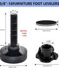 Heavy Duty Adjustable Furniture Levelers Set Of 4 With T Nuts And Non Slip Pads For Tables Cabinets Workbenches Desks And Chairs With Coarse Thread Up To 1320 Lbs Load Capacity, showing dimensions and components.