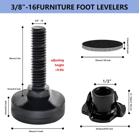 Heavy Duty Adjustable Furniture Levelers Set Of 4 With T Nuts And Non Slip Pads For Tables Cabinets Workbenches Desks And Chairs With Coarse Thread Up To 1320 Lbs Load Capacity, showing dimensions and components.