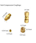 Brass 1/8 in compression couplings, 6 pcs, 1/8 in OD x 1/8 in OD, for refrigeration, water, oil and gas systems