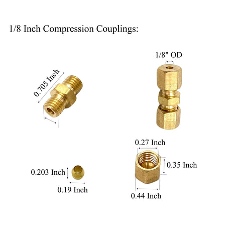 Brass 1/8 in compression couplings, 6 pcs, 1/8 in OD x 1/8 in OD, for refrigeration, water, oil and gas systems