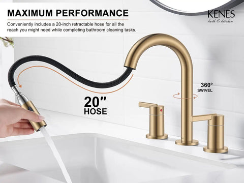 Sleek Champagne Bronze Pull Down Bathroom Faucet Featuring Twin Handles And Flexible Spray Wand Delivering Heavy Duty Performance Snug Fit On Any Widespread Sink Setup Crafted Completely Lead Free with 20-inch retractable hose.