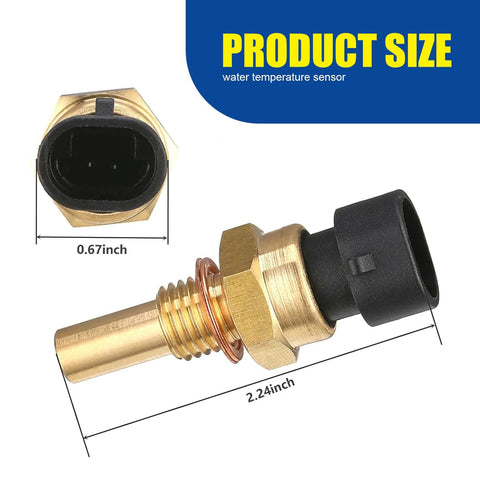 Front view of Sodcay engine coolant temperature sensor with brass gold metal body and black plug, 2.24in long