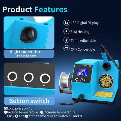 60W Soldering Station With LCD Digital Display and Celsius Fahrenheit Readout showcasing controls and features