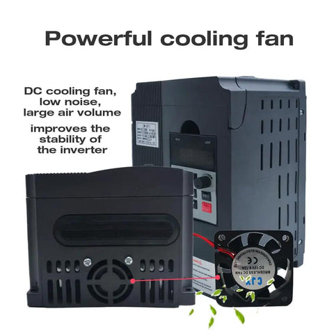 220V 2.2KW Variable Frequency Drive VFD Inverter cooling fan detail, 1 Phase to 3 Phase Output 0 to 400 Hz CNC workhorse