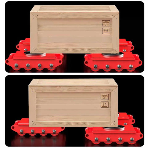 Heavy Duty Steel Machinery Skate Dollies For Room Redo Moves With 360 Swivel Non Slip Casters To Glide Heavy Appliances Smoothly under a wooden crate.