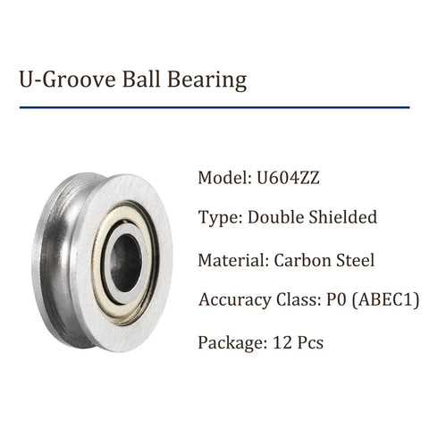 Heavy Duty U604ZZ U Groove Ball Bearings 4 By 13 By 4 mm Double Shielded ABEC One Metric Size 12 Pack with Carbon Steel