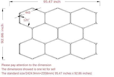 Hexagon LED Garage Light Kit For Workshop And Gym With Customizable Hexagonal Honeycomb Grid System dimensions diagram