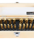 Accusize 20-piece TiN-coated HSS end mills in wood case, sizes 3/16–3/4 in, 2F/4F, straight shank.
