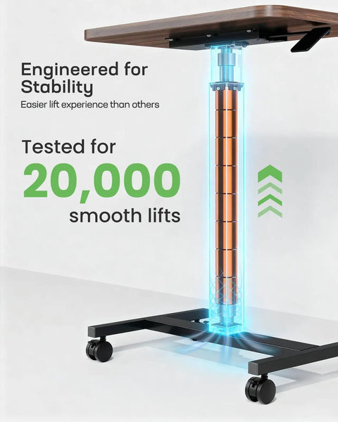 Pneumatic lift mechanism of Mobile Standing Desk With Wide Height Range From 28.5 To 46.1 Inches on lockable wheels, walnut finish.