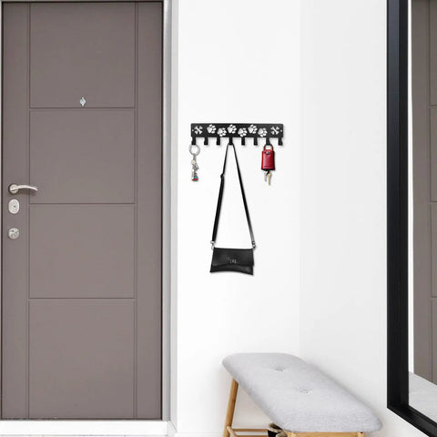 Eight Hook Wall Organizer For Keys Leashes And Collars With Metal Construction And Dog Leash Holder And Paw Design wall mounted in entryway