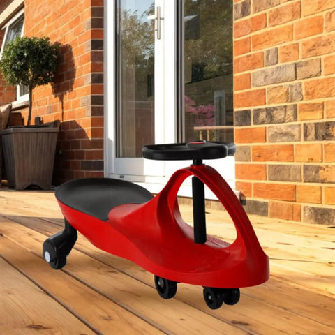 Red Wiggle Car Ride On Toy For Ages 3 And Up No Batteries Gears Or Pedals Just Twist Wiggle And Go on wooden deck