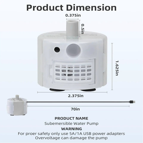 Ultra-Quiet Replacement Pump dimensions for stainless steel cat water fountains with SMA-800 motor, USB-powered.