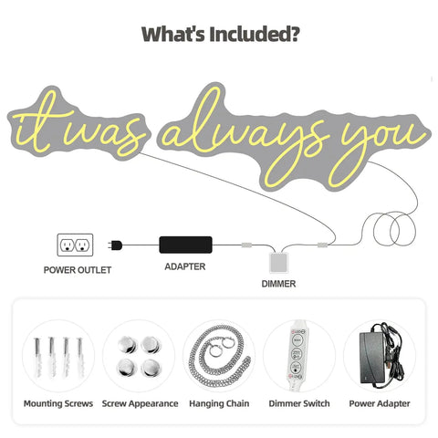 It Was Always You Neon Sign 36 Inch White Neon Night Light Dimmable Wall Decor with installation guide and accessories included.