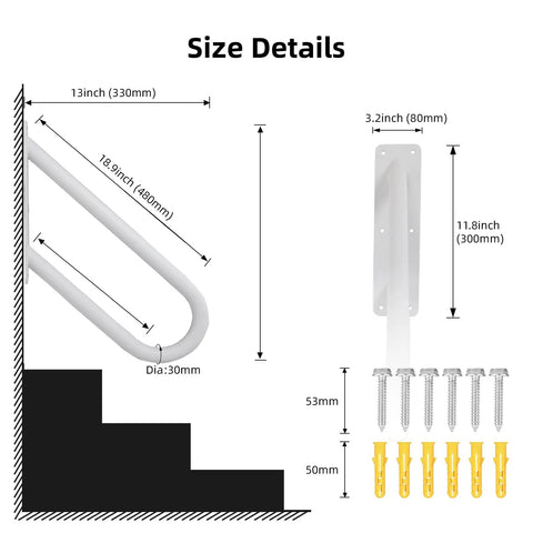 Size details of 18 Inch Tough As Nails Metal Outdoor Handrail U Shaped White Powder Coated Wall Mount Stair Railing.
