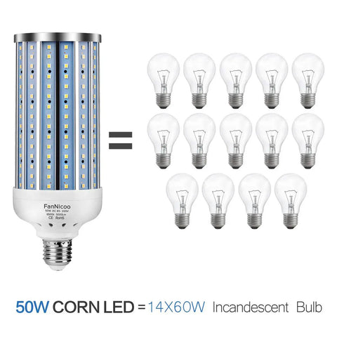 Ultra Bright 5000 Lumen 6500K Cool Daylight Corn Light Bulb 50W Equivalent image showing LED corn bulb vs incandescent bulbs