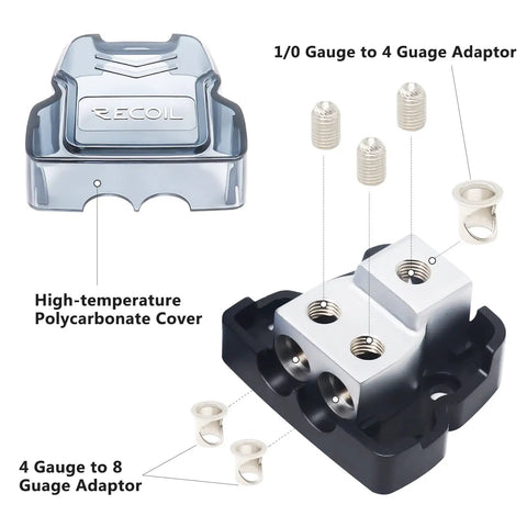 Two Way Car Audio Power Distribution Block Ground Distributor 2 Pack In 0, 2, 4 Gauge Out 4, 8 Gauge Zinc Die Cast Construction Marine Grade Satin Chrome Finish High Performance Power and Ground Splitter with cover