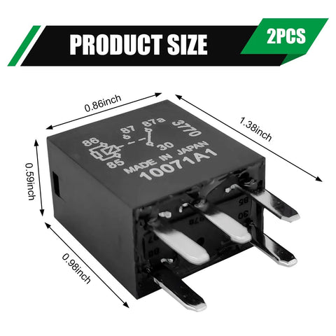 Heavy Duty 12 Volt 5 Pin Fuel Pump Relay Pair Straight Swap Automotive electrical component with dimensions shown.